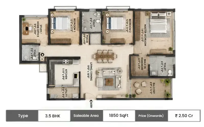 Ganga Nine Zero 3.5 BHK floor plan, 1850 sq ft saleable area