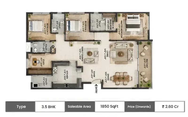Ganga Nine Zero 3.5 BHK floor plan, 1850 sq ft saleable area
